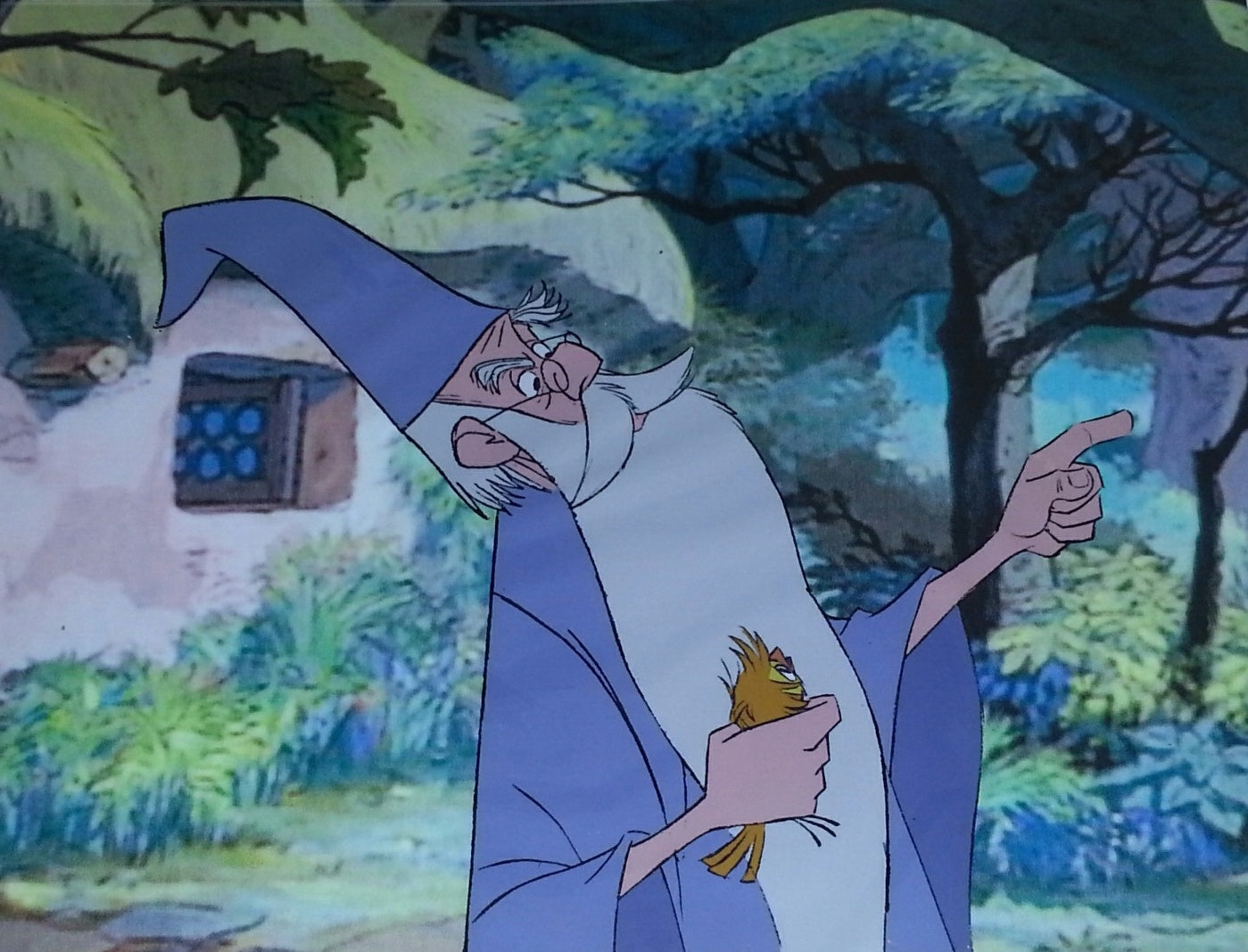 Original Walt Disney Production Cel from The Sword in the Stone featuring Merlin and Arthur as a bird