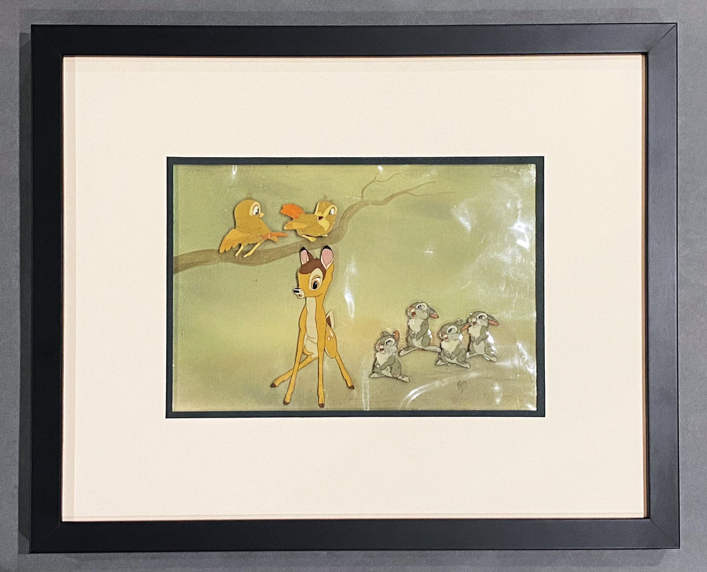 Disney Animation Production Cel Featuring Bambi, Bunnies and Birds On Courvoisier Background