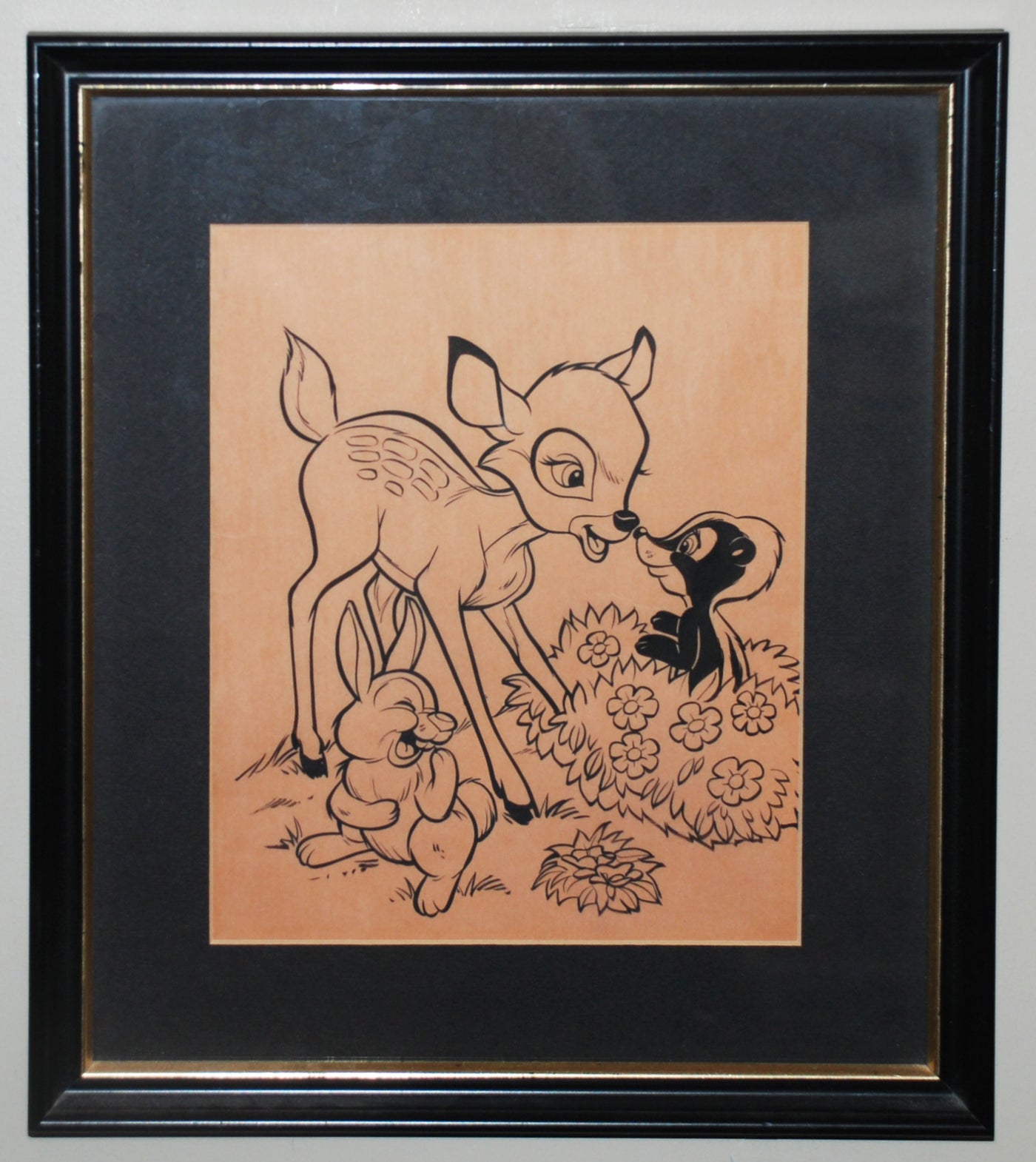Original Walt Disney Ink on Vellum from Bambi featuring young Bambi, Flower, and Thumper