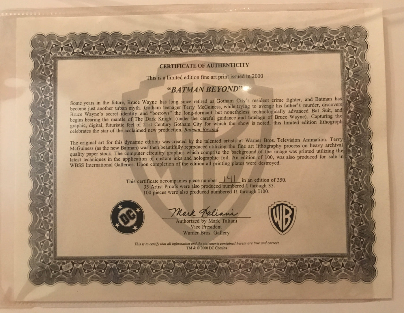 Original Warner Brothers Batman Limited Edition Fine Art Print, Batman Beyond