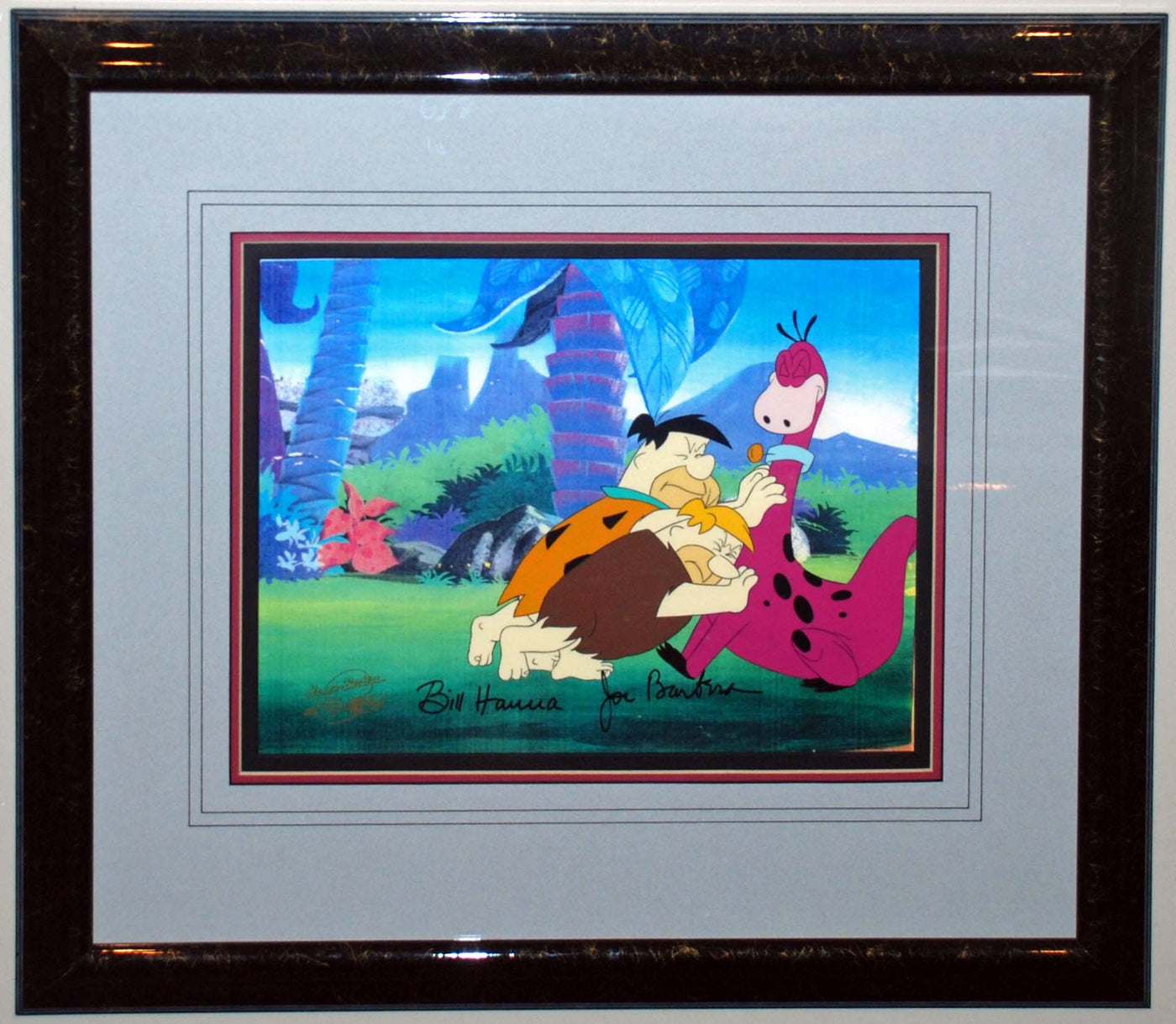 Hanna Barbera Production Cel from The Flintstones featuring Fred Flinstone, Barney Rubble, and Dino