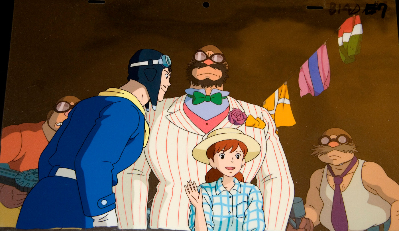 Original Studio Ghibli Production Cel from Porco Rosso (1992) featuring Donald Curtis, Fio Piccolo, Capo, Mamma Aiuto Gang
