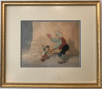 Original Walt Disney Key Setup Production Cels on Matching Production Background  featuring Pinocchio and Geppetto