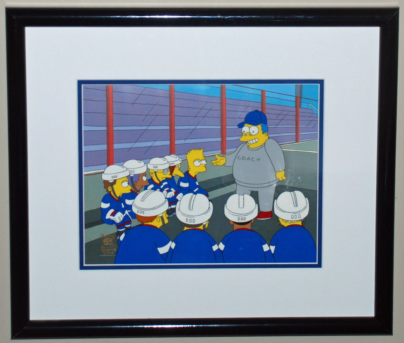 Original Simpsons Production Cel featuring Bart with his hockey team