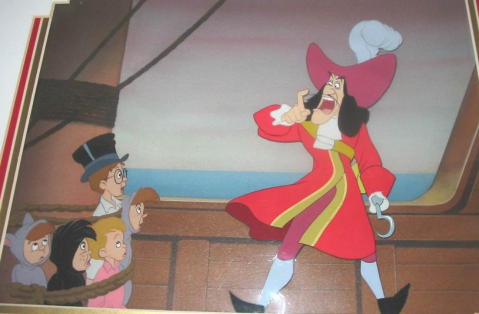 Original Disney Production Cels on Custom Background featuring Captain Hook, Michael, John, and the Lost Boys from Peter Pan