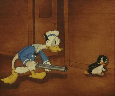 Original Walt Disney two Production Cel Set up on Courvoisier background of Tootsie and Donald Duck from Donald's Penguin
