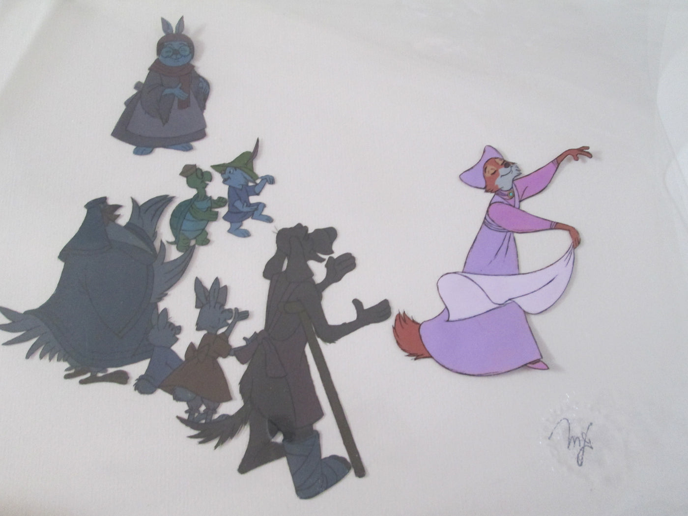 Original Disney Production Cels from Robin Hood featuring Maid Marian, Otto, Sis, Tagalong, Lady Kluck, Toby Turtle, Skippy, and Mother Rabbit