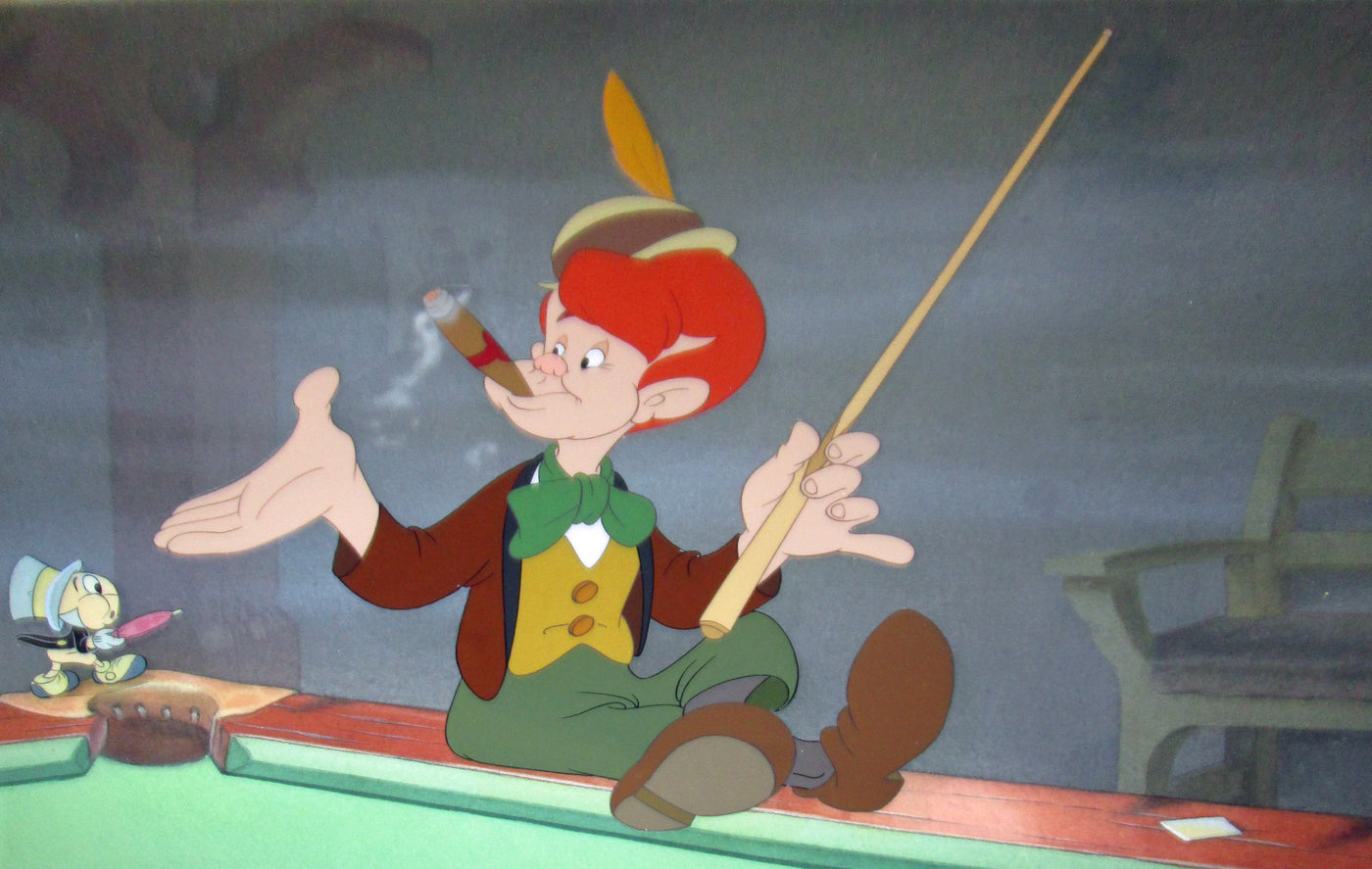 Original Walt Disney Production Cel on Production Background featuring Jiminy Cricket and Lampwick