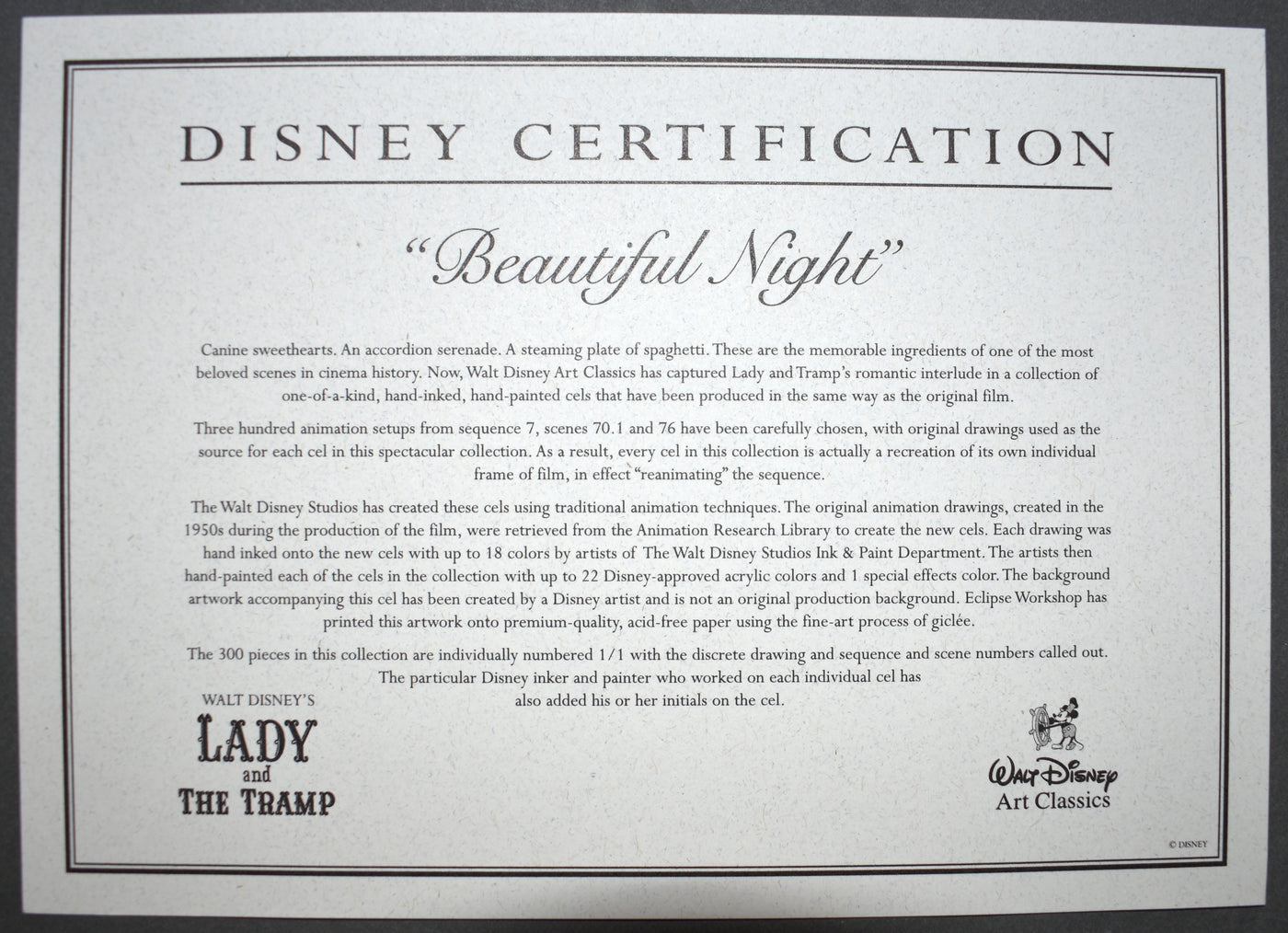 Original Walt Disney Lady and The Tramp Limited Edition 1/1 Cel, Beautiful Night
