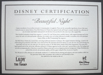 Original Walt Disney Lady and The Tramp Limited Edition 1/1 Cel, Beautiful Night