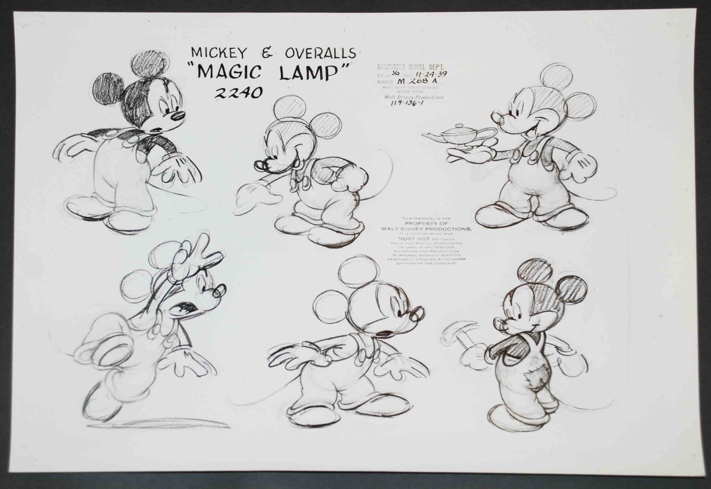 Original Walt Disney Model Sheet Mickey and Overalls "Magic Lamp"