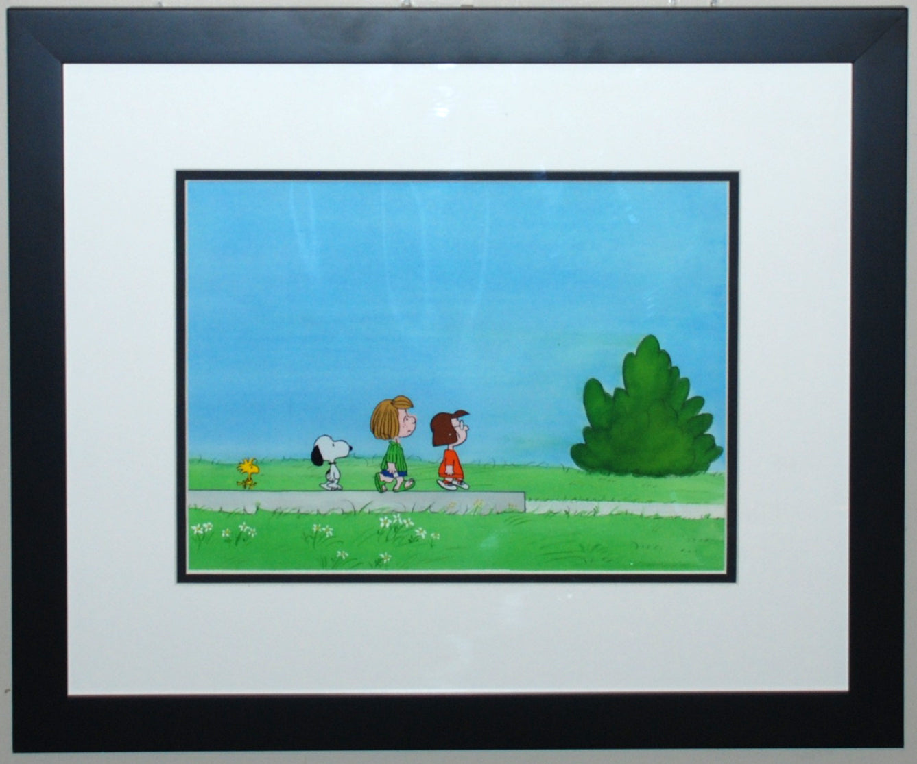 Original Peanuts Production Cel on Production Background featuring Peppermint Patty, Marcie, Snoopy, and Woodstock