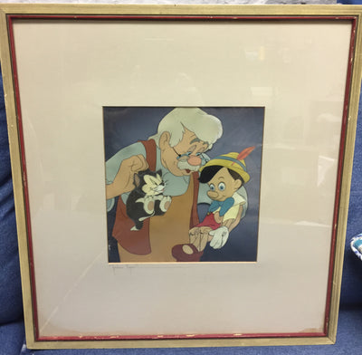 Original Walt Disney Production Cel on Courvoisier Background Geppetto, Pinocchio, Figaro
