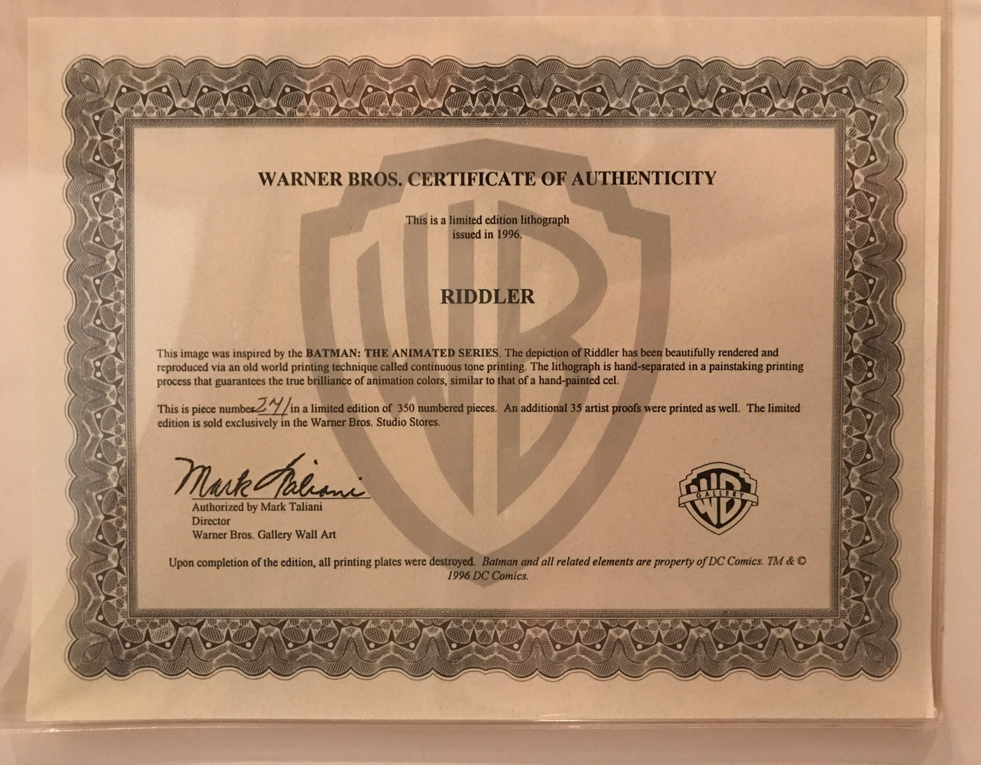 Original Warner Brothers Batman Limited Edition Lithograph, Riddler