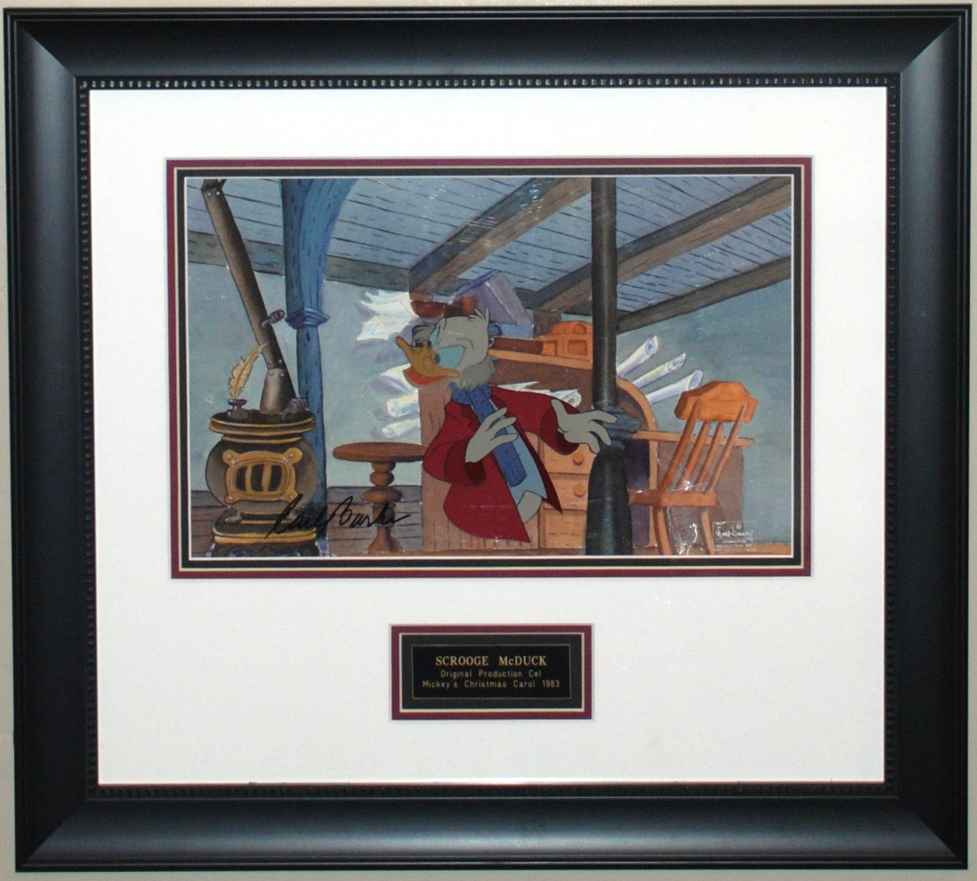 Original Walt Disney Production Cel from Mickey's Christmas Carol featuring Scrooge McDuck, Signed by Carl Barks