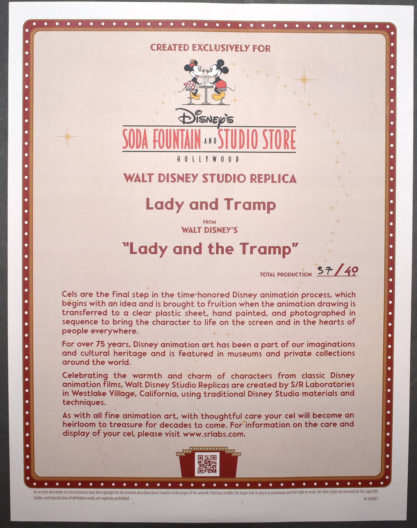 Original Walt Disney Studio Replica Limited Edition Cel of Lady and the Tramp