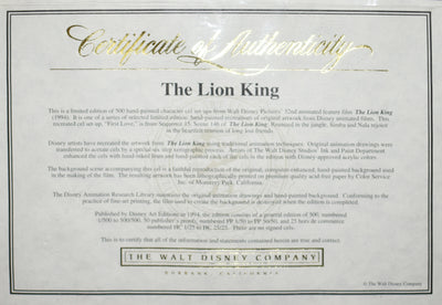 Original Walt Disney The Lion King Limited Edition Cel, First Love