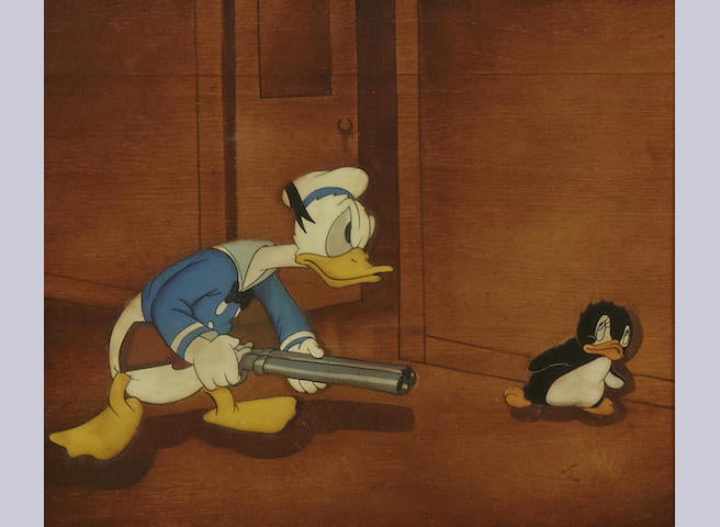 Original Walt Disney two Production Cel Set up on Courvoisier background of Tootsie and Donald Duck from Donald's Penguin