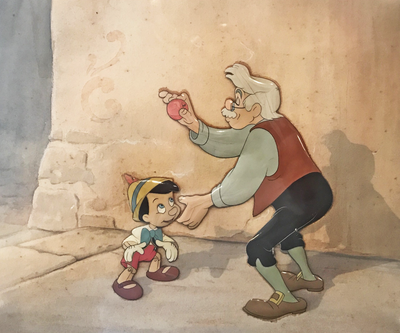 Original Walt Disney Key Production Cels Setup on matching Production Background featuring Pinocchio and Geppetto