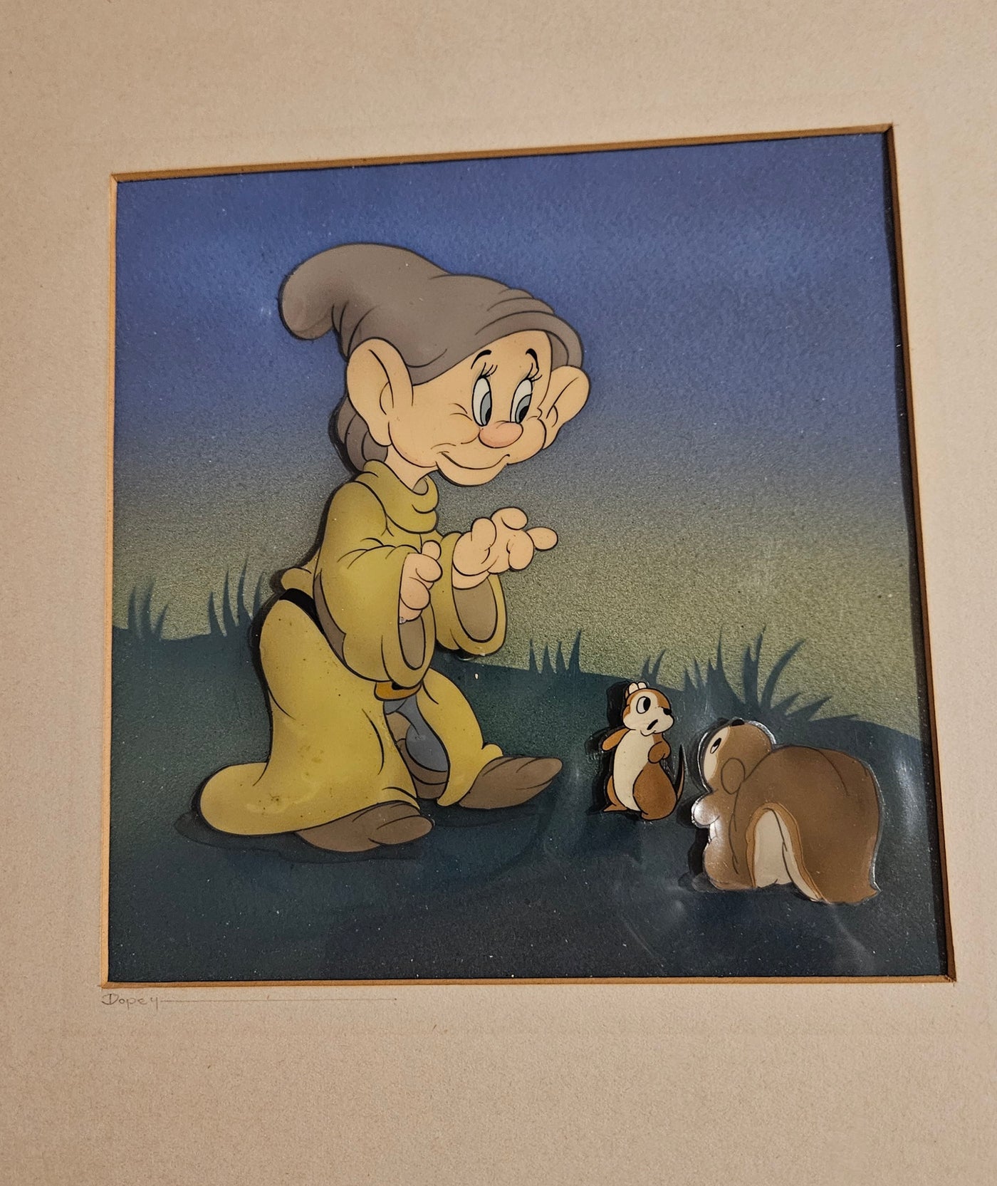 Original Walt Disney Production Cel on Courvoisier Background from Snow White and the Seven Dwarfs, featuring Dopey
