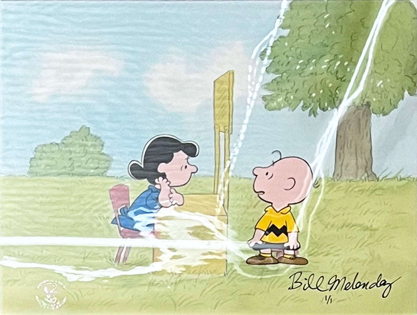 Original Peanuts 1/1 Cel featuring Charlie Brown and Lucy