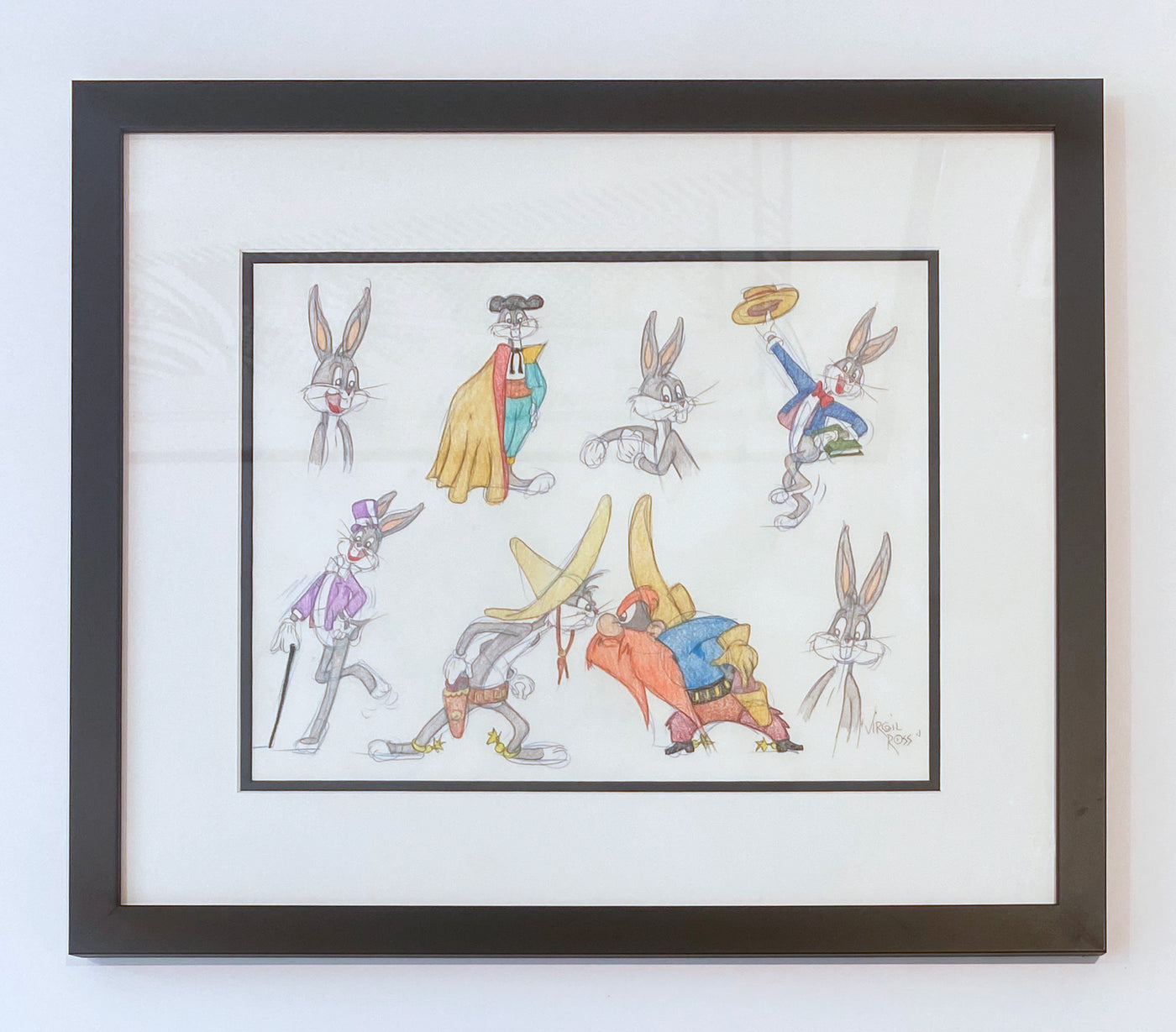Original Warner Brothers Virgil Ross Model Sheet Animation Drawing featuring Bugs Bunny and Yosemite Sam