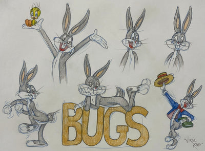 Original Warner Brothers Virgil Ross Model Sheet Animation Drawing featuring Bugs Bunny and Tweety Bird