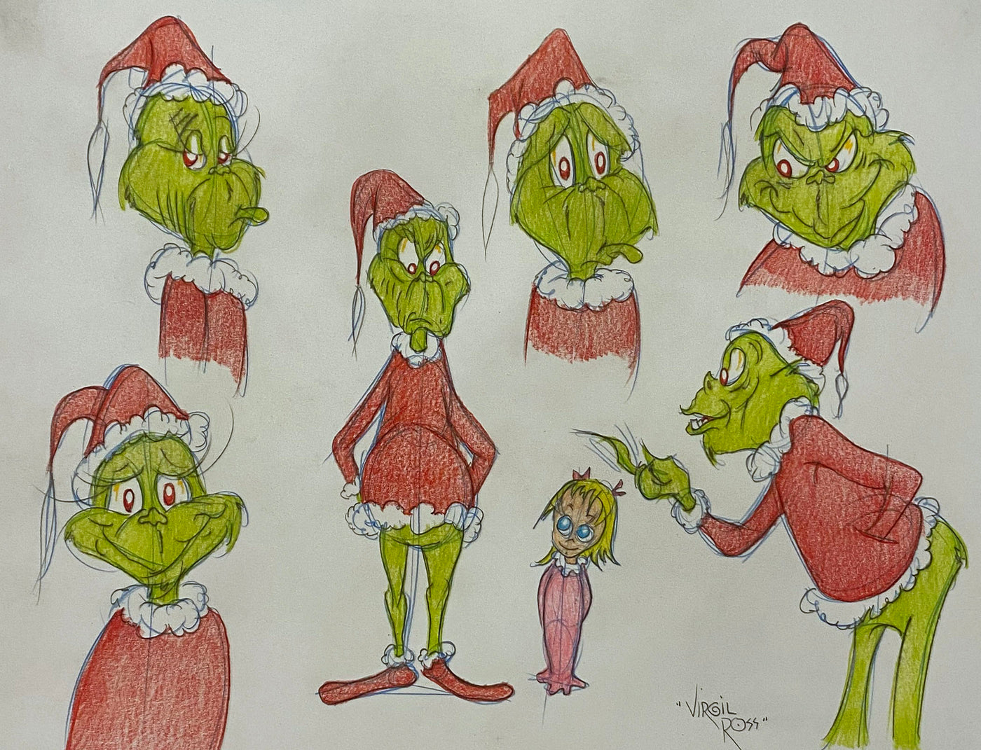 Original Warner Brothers Virgil Ross Model Sheet Animation Drawing featuring The Grinch and Cindy Lou Who