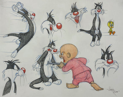 Original Warner Brothers Virgil Ross Model Sheet Animation Drawing featuring Sylvester, Elmer Fudd, and Tweety Bird