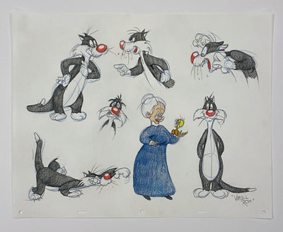 Original Warner Brothers Virgil Ross Model Sheet Animation Drawing featuring Sylvester, Granny, and Tweety Bird