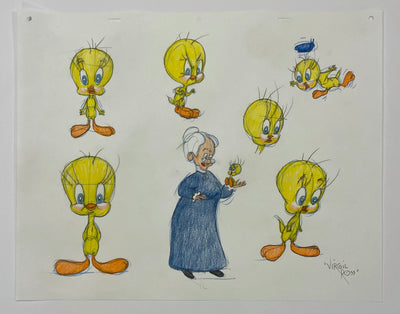 Original Warner Brothers Virgil Ross Model Sheet Animation Drawing featuring Tweety Bird and Granny