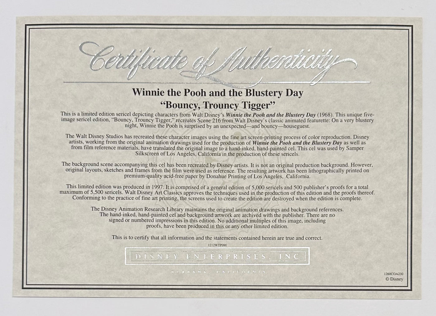 Original Walt Disney Limited Edition Sericel "Bouncy, Trouncy Tigger"