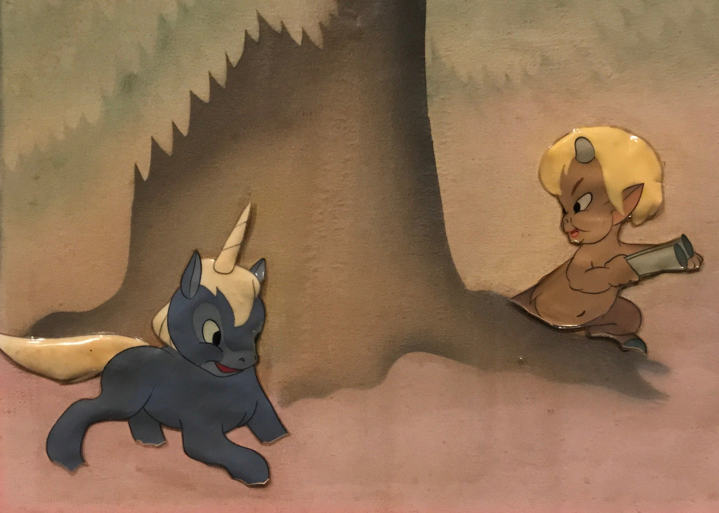 Original Walt Disney Production Cel on Courvoisier Background from Fantasia featuring Baby Pegasus and Satyr