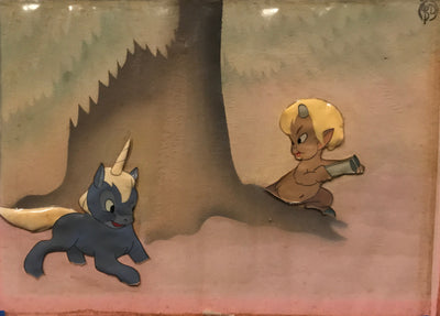 Original Walt Disney Production Cel on Courvoisier Background from Fantasia featuring Baby Pegasus and Satyr