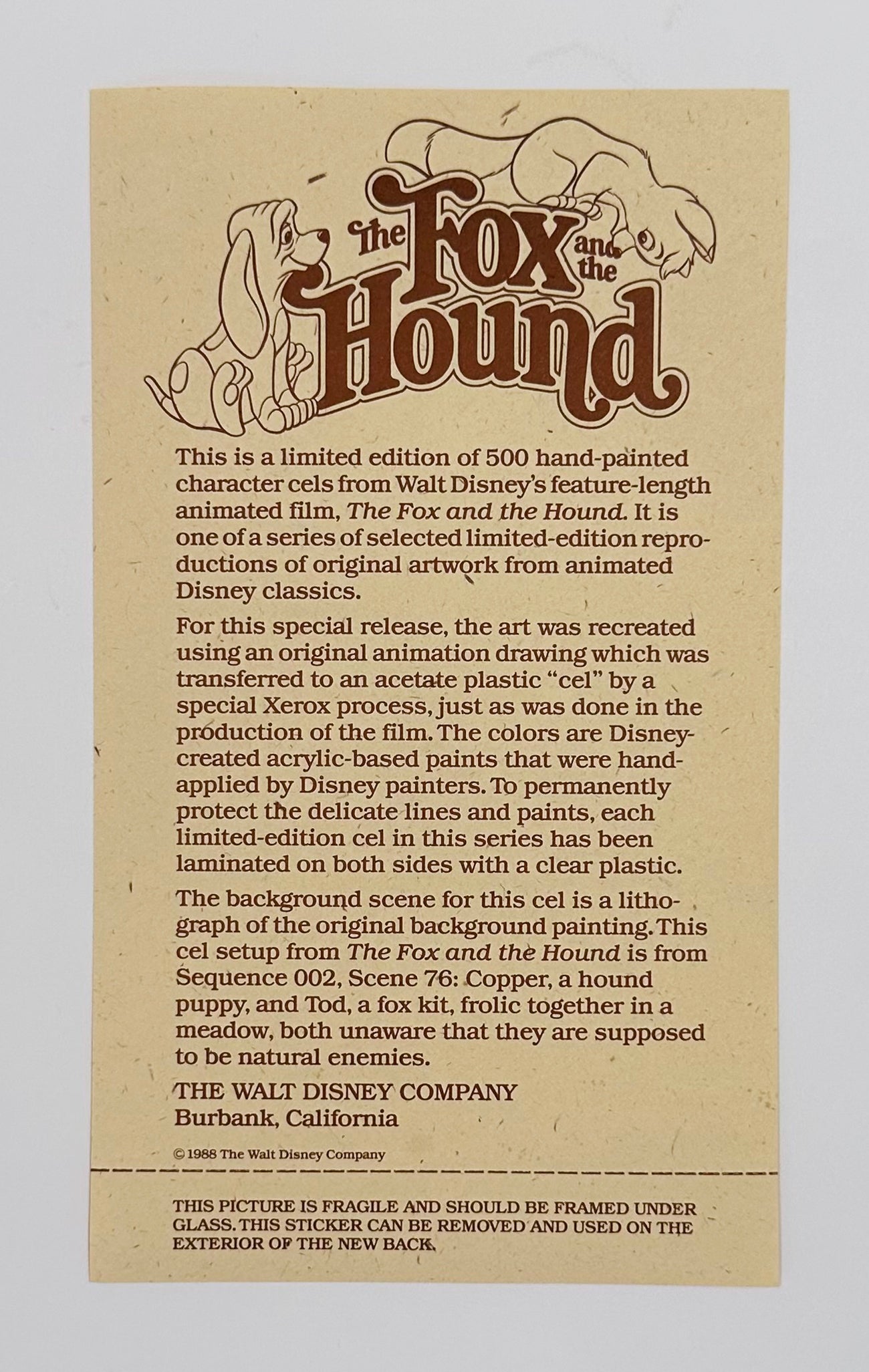 Original Walt Disney Limited Edition Cel from The Fox and the Hound