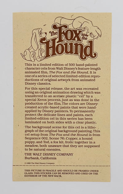 Original Walt Disney Limited Edition Cel from The Fox and the Hound