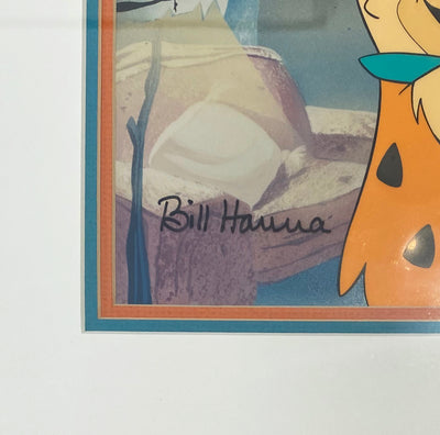 Original Hanna Barbera Limited Edition Cel "Tossing Pebbles" featuring Fred Flintstone and Pebbles, Signed by Bill Hanna and Joe Barbera