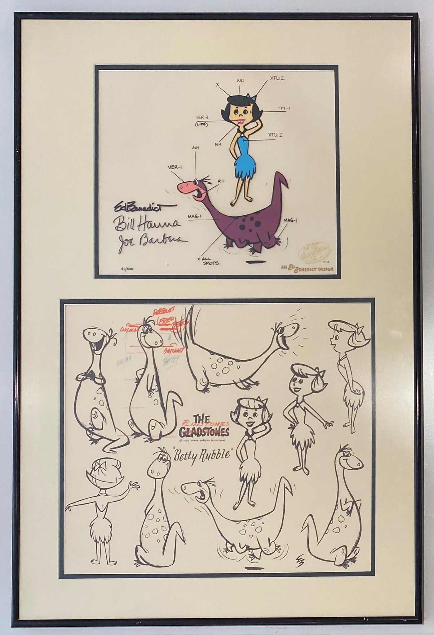 Original Hanna Barbera Limited Edition Cel and Model Sheet featuring Betty Rubble and Dino, Signed by Bill Hanna, Joe Barbera, and Ed Benedict