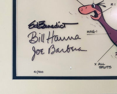 Original Hanna Barbera Limited Edition Cel and Model Sheet featuring Betty Rubble and Dino, Signed by Bill Hanna, Joe Barbera, and Ed Benedict