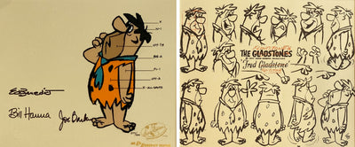 Original Hanna Barbera Limited Edition Cel and Model Sheet featuring Fred Flintstone, Signed by Bill Hanna, Joe Barbera, and Ed Benedict