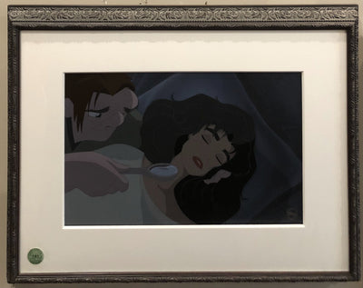 Original Walt Disney Hand Inked and Painted Cel on Production Background from The Hunchback of Notre Dame featuring Quasimodo and Esmeralda