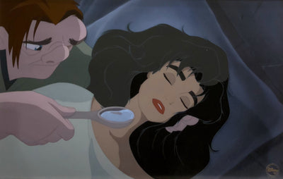 Original Walt Disney Hand Inked and Painted Cel on Production Background from The Hunchback of Notre Dame featuring Quasimodo and Esmeralda