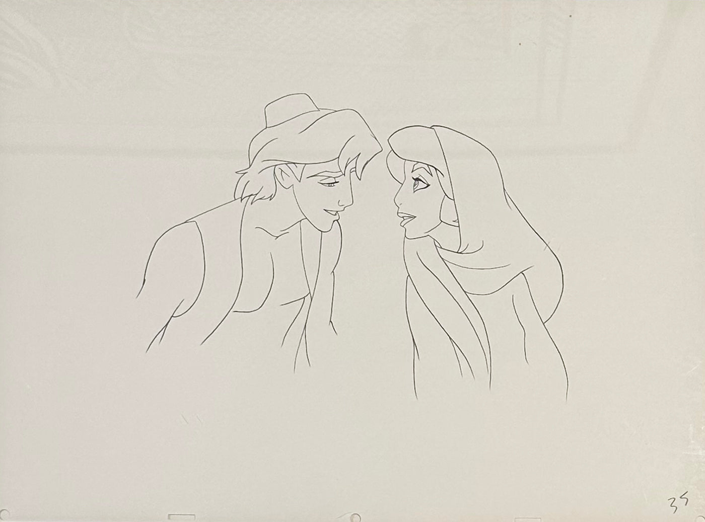 Original Walt Disney Production Drawing from Aladdin featuring Jasmine and Aladdin