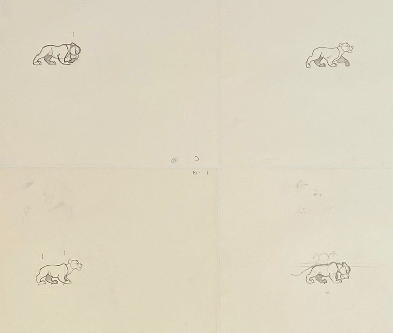 Original Walt Disney Sequence of 4 Production Drawings from The Lion King featuring Simba