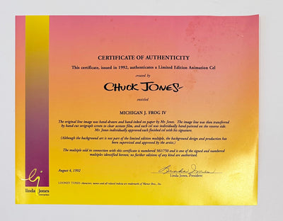 Original Warner Brothers Limited Edition Cel "Michigan J. Frog IV" Signed by Chuck Jones