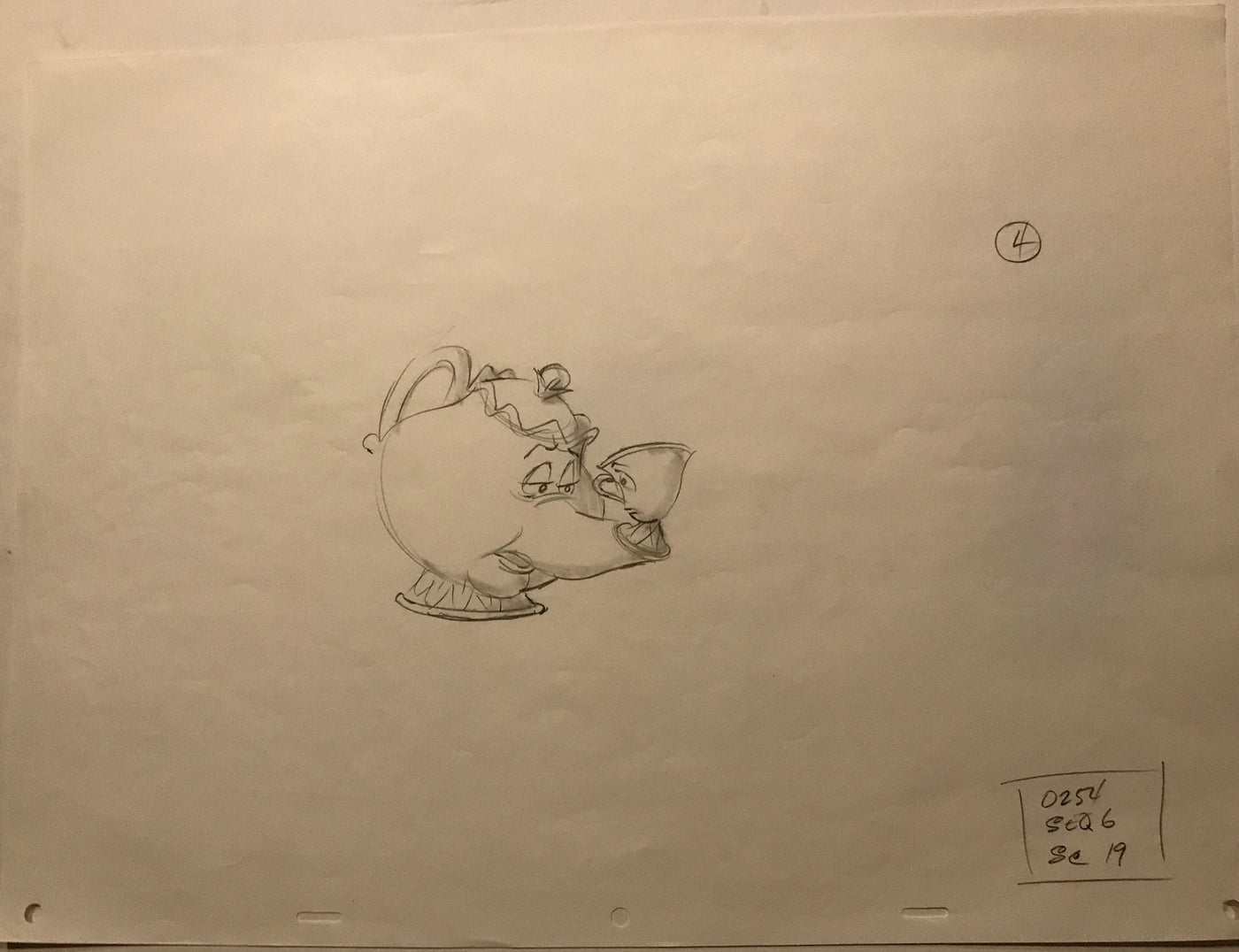Original Walt Disney Production Drawing from Beauty and the Beast featuring Mrs. Potts and Chip