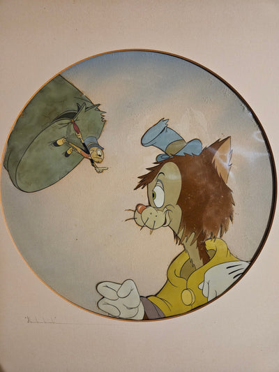 Original Walt Disney Production Cel on Courvoisier Background from Pinocchio featuring Gideon and Jiminy Cricket