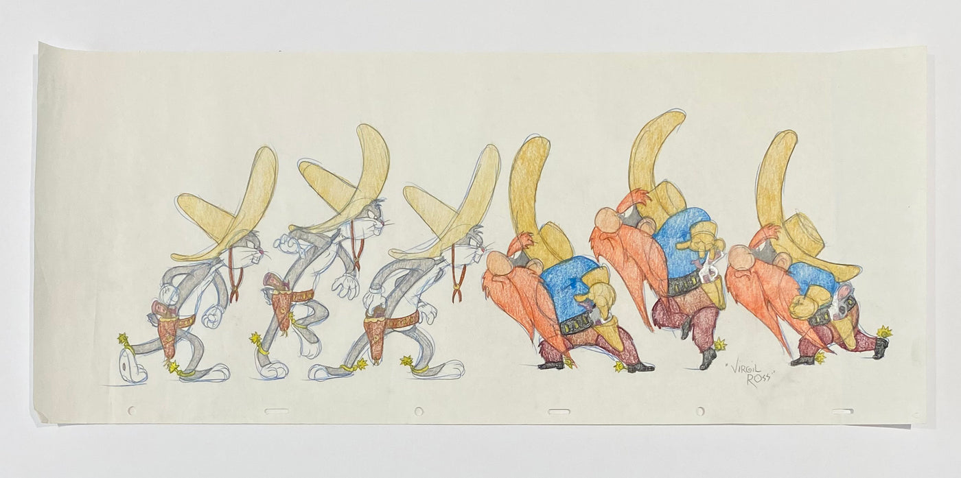 Original Warner Brothers Virgil Ross "Gunslingers" Animation Drawing featuring Yosemite Sam and Bugs Bunny