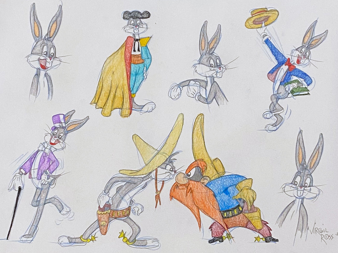 Original Warner Brothers Virgil Ross Model Sheet Animation Drawing featuring Bugs Bunny and Yosemite Sam