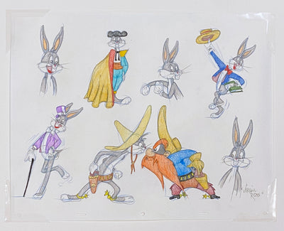 Original Warner Brothers Virgil Ross Model Sheet Animation Drawing featuring Bugs Bunny and Yosemite Sam